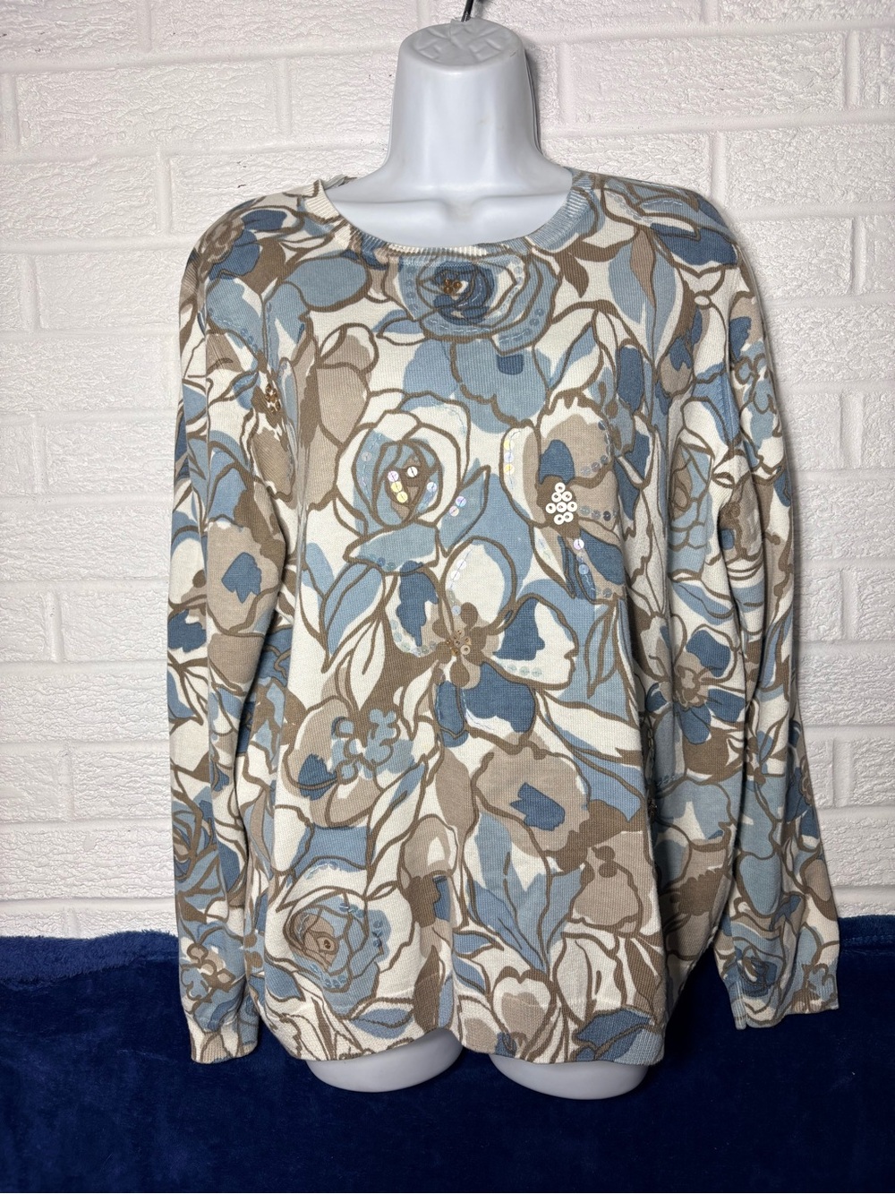 Alfred Dunner Blue, Taupe & Cream Floral Crewneck Sweater